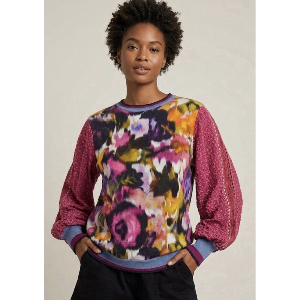 Anthropologie Blank London Multicolor Rose Contrast Eyelet Pullover Blouse Sz M